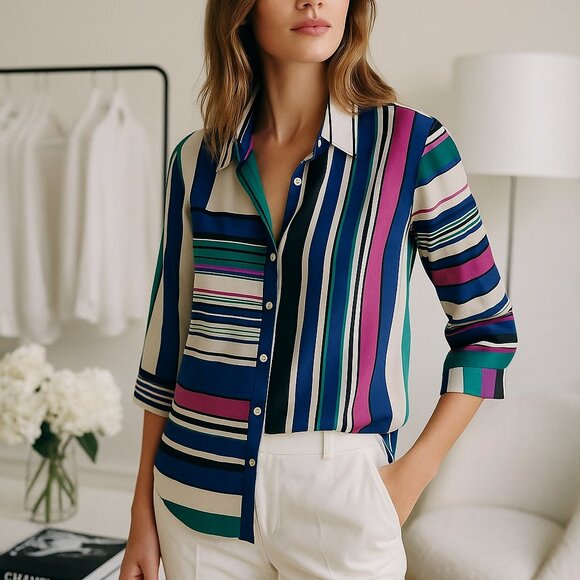 Paperwhite Women's Silk Blend Long Sleeve Collar Button Top Size 8 Striped - Picture 1 of 11